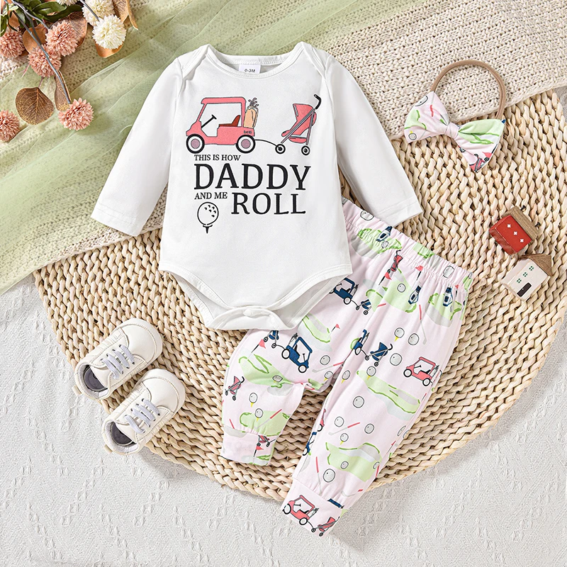 Newborn Baby Boy Girl Summer Outfit Long Sleeve Golf Print Bodysuit Top and Plants Pants 3pcs Clothes Set