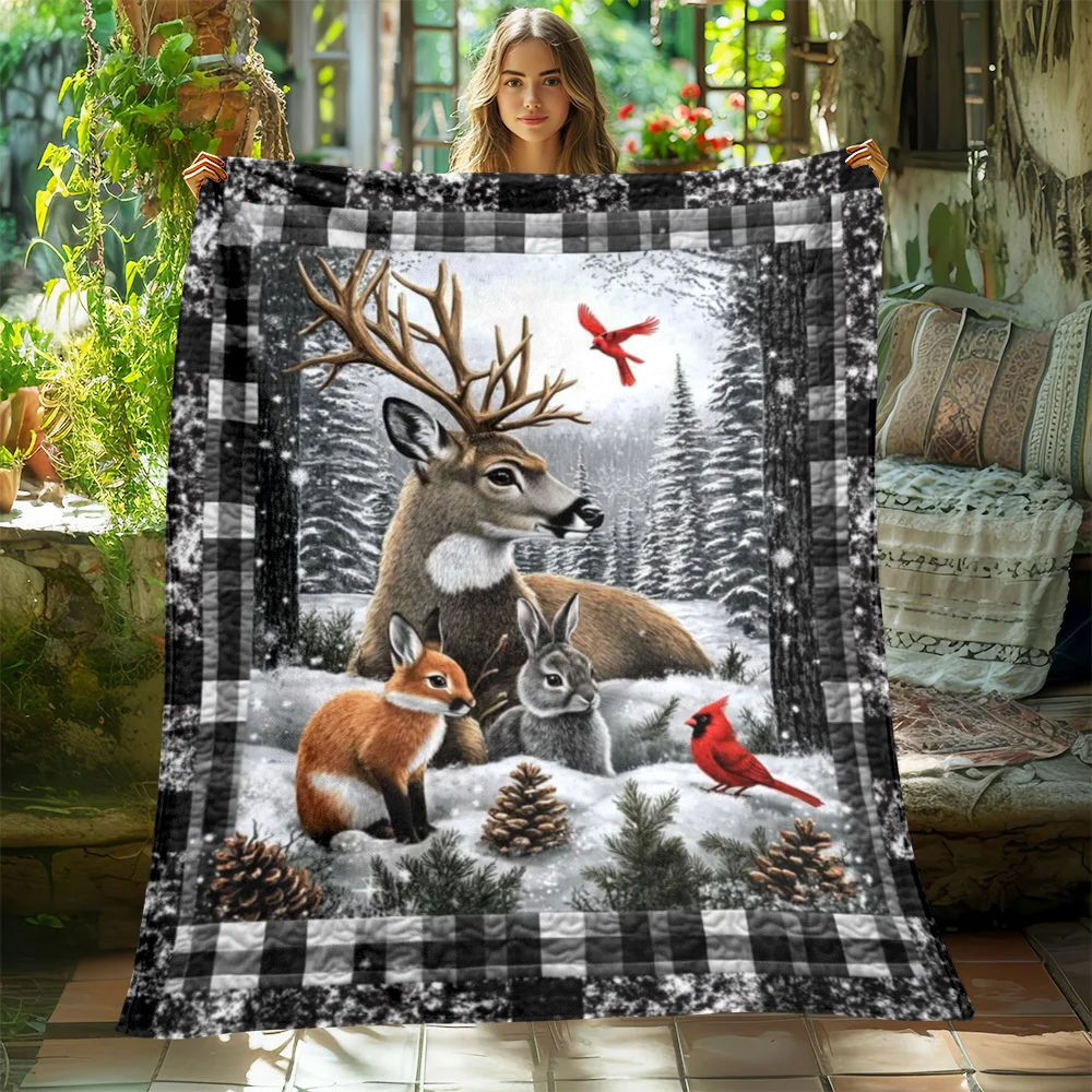 Rustic Winter Landscape Throw Blanket Snowy Log Cabin Deer Fox Forest River Wildlife Nature Art Graphic Design Blanket  Bedroom