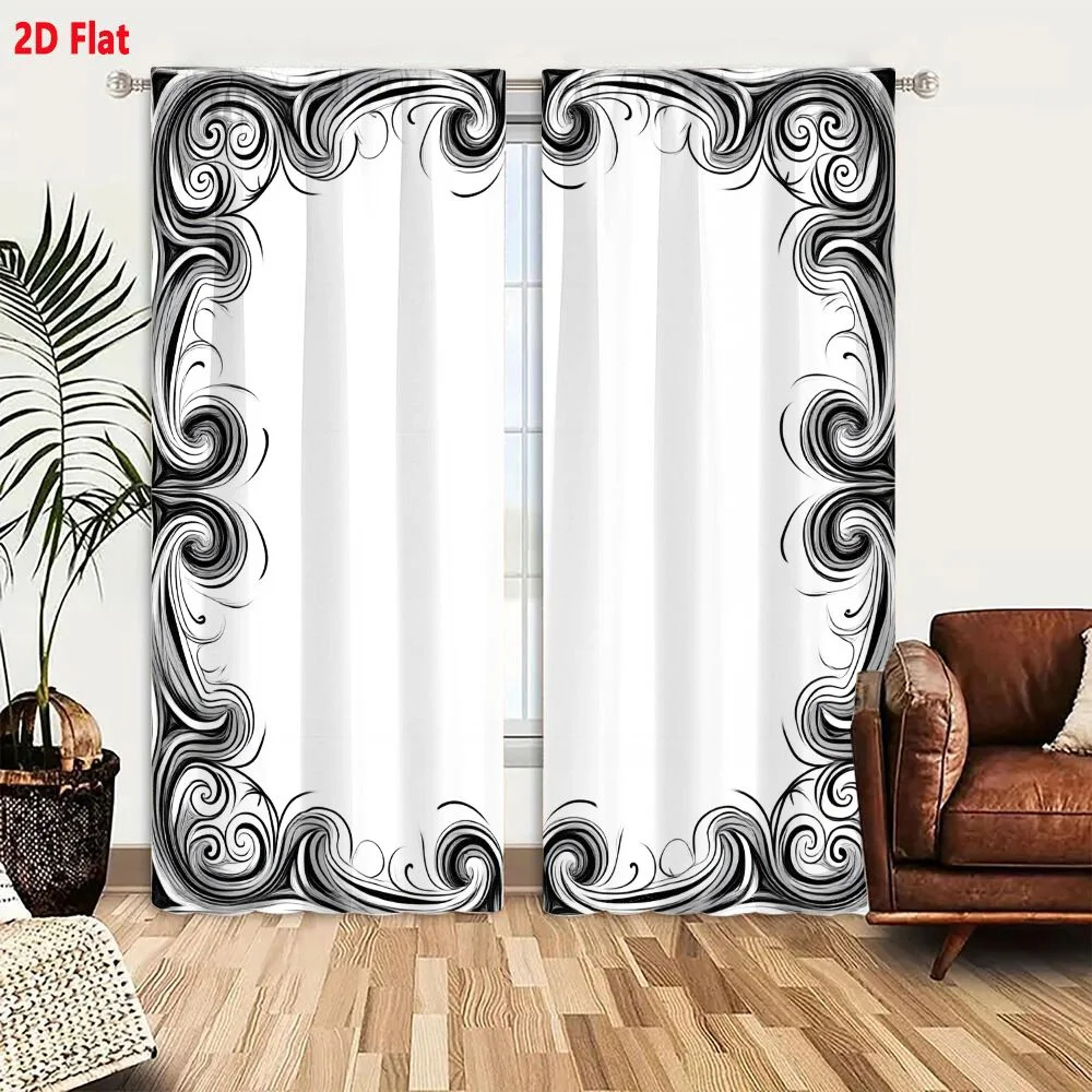 2Pcs Curtains 2D Flat Square Decorative Frame With Intricate Black And White Baroque Scrollwork And Symmetrical Flourishes Windo