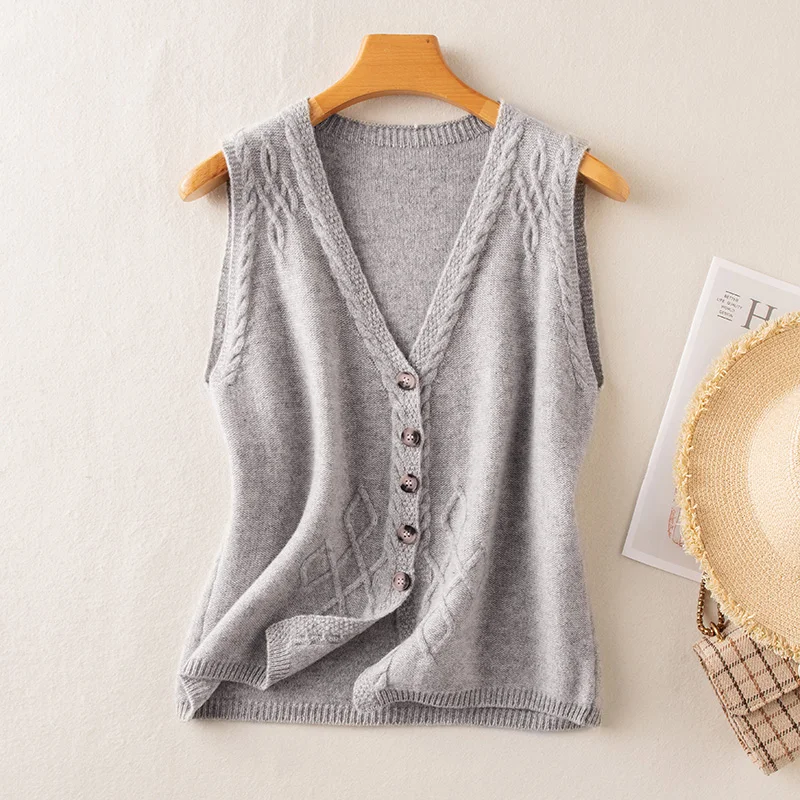 

High Quality Women V-neck Twist Flower Sleeveless Cardigan 100% Merino Wool Sweater For Spring Autumn Casual Vintage Waistcoat