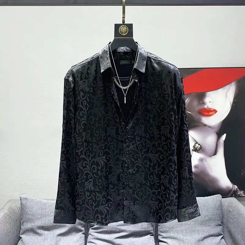 

High-end Patterned Shirt Men's Long-sleeved Draped Loose Elegant Handsome Top Korean Style Youth Satin Shirt Trendy JJ916