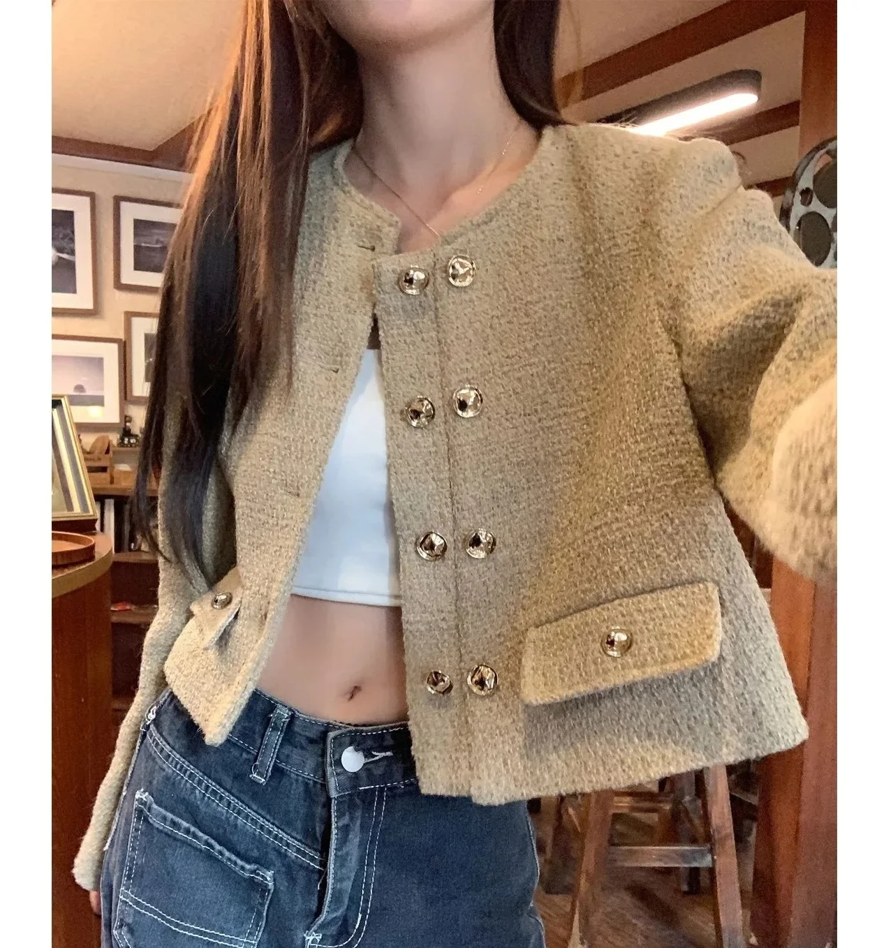 

Короткая повседневная женская куртка во французском стиле с круглым вырезом, новая модная корейская ветровка, универсальная