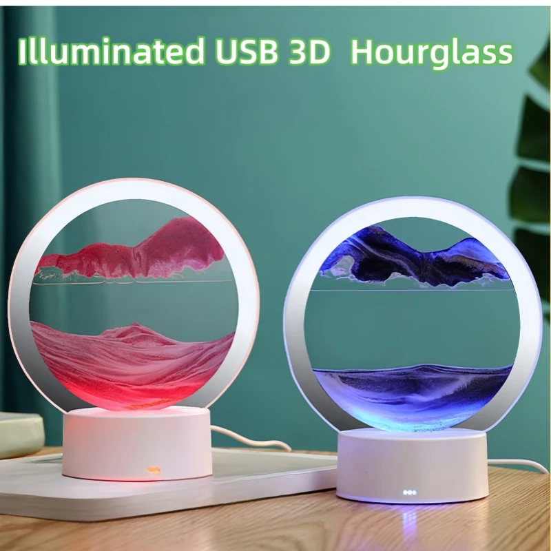 LED USB 3D Sand Art Hourglass with,QuickSand Painting,Round Glass Deep Sea Sandscape Decoration,Flowing Painting Office Desk