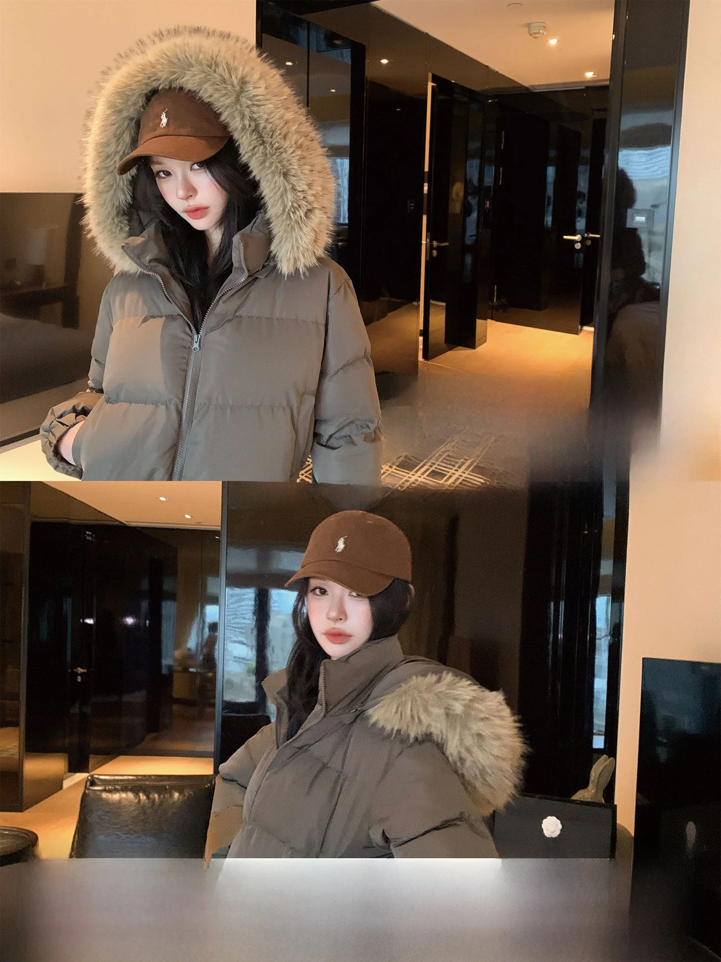 

Okaaay Detachable Fur Collar Hooded ort Cotton Jaet Casual Autumn Winter Warm Clothing Fem Commuter Sle Zipper Closure