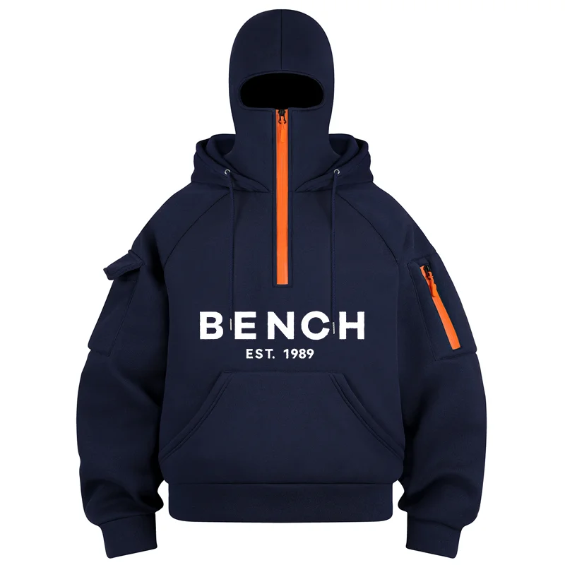 

Мужская скамья Эст. Толстовка с принтом 1989 года, толстовка с несколькими карманами и половиной молнии, двойной капюшон, зимняя уличная мода, повседневный спортивный пуловер, толстовка