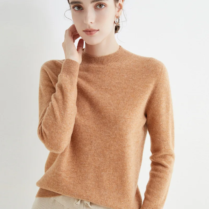 

2025 new style women's sweater, 100% pure wool sweater, skin-touch semi-high neck thin and slim-fitting, versatile base shirt, f