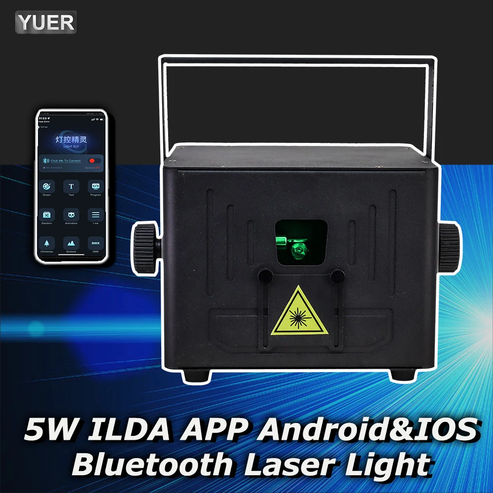 

YUER 5 Вт RGB Анимация Bluetooth Приложение ILDA Лазерный свет Сканер Проектор Сценический свет DJ Диско-бар Клубная вечеринка Свадьба Рождество