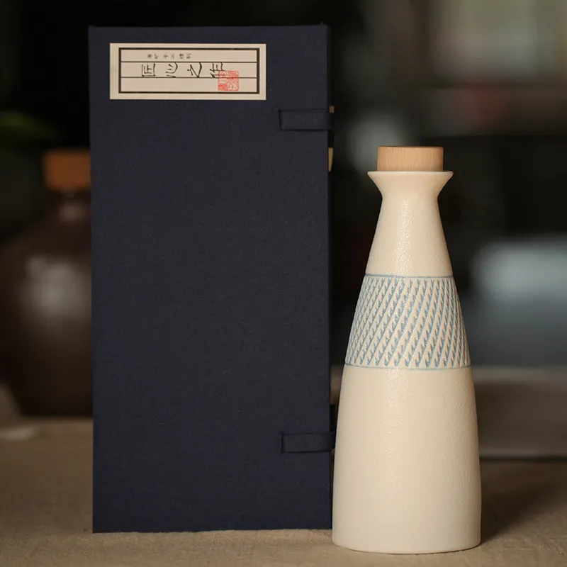 Ceramic Sake Bottle White Textured Liquor Decanter with Wooden Stopper Blue Pattern Band For Home Bar Sake Serving Table Decor