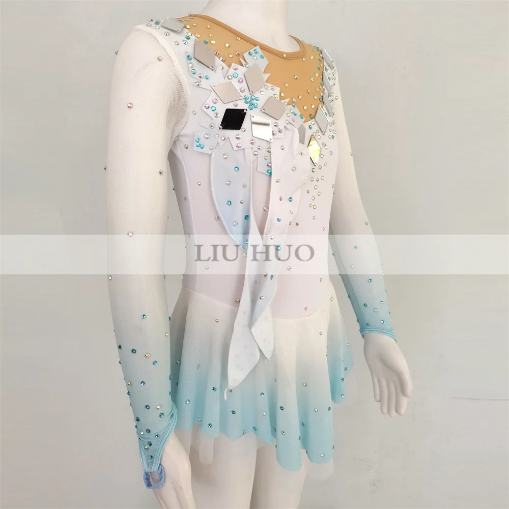 LIUHUO Ice Dance Figure Skating Dress Women Girl Teen Customize Costume Performance Competition Leotard Roller Light Blue Child