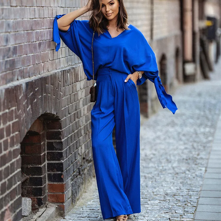 

Pyjama Women Set V-Neck Long Batwing Sleeve Wide Leg Pants 2PCS Outfit Loungewear Spring Solid Streetwear Matching Sets Pajamas