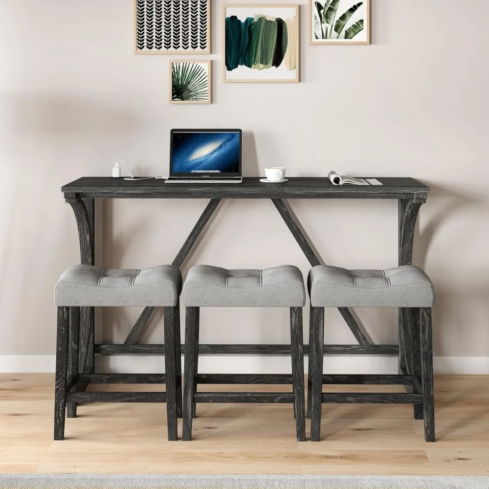 카운터 높이 식탁 세트 - 전원 콘센트가 있는 나무 바 테이블 및 3개의 패브릭 의자