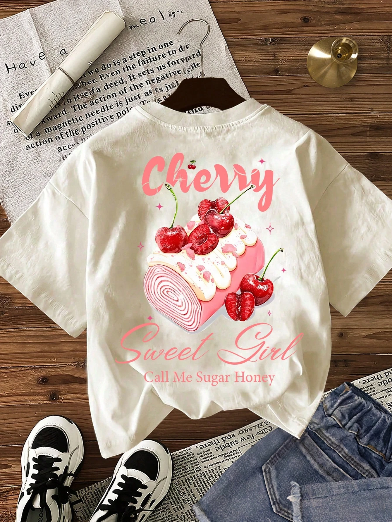 Cute Cherry Cake Letter Pattern Round Neck Suitable For Surfing Beach T-shirt Summer Spring Women Short Sleeves