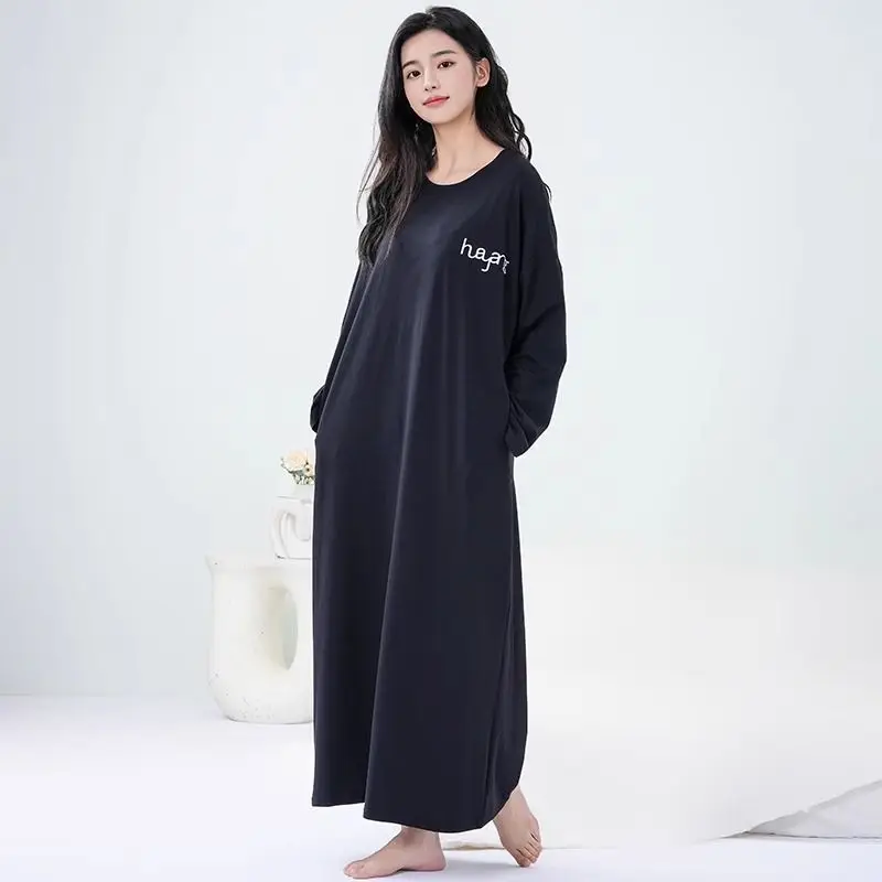 

150Kg Extra Large Size Long Nightgown Korean Women Autumn Long Sleeve Loose Sleepshirt Simple Maxi Pajamas Dress Loungewear