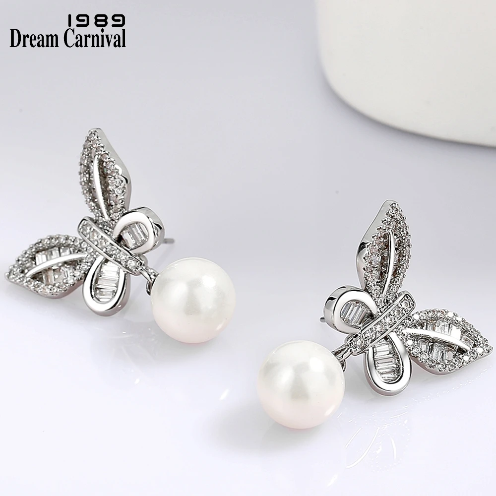 Trendy New Dreamcarnival1989  Butterfly Pearl Drop Earrings  For Women Clear White Zircon Anniversary Engagement Jewelry WE4205