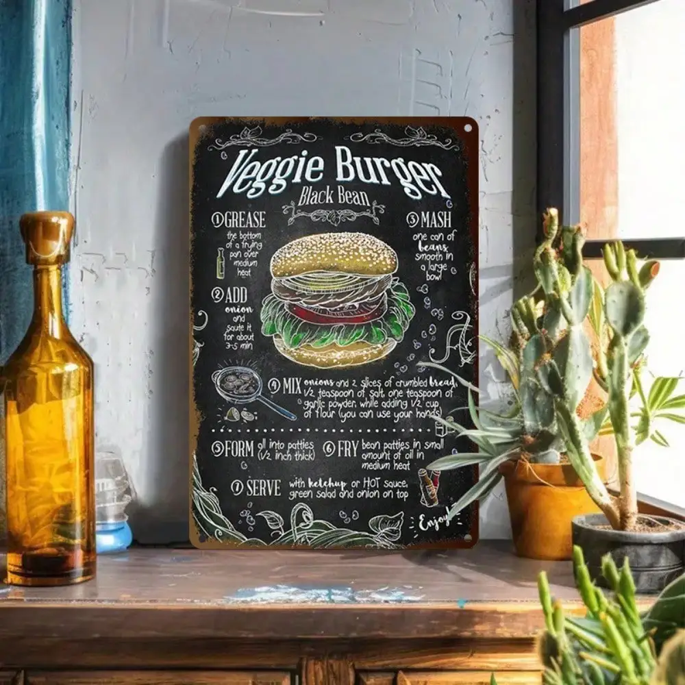 

1PC Tin Sign Veggie Burger Recipe - Vintage Kitchen/Cafe Decor, 8x12in/20x30cm