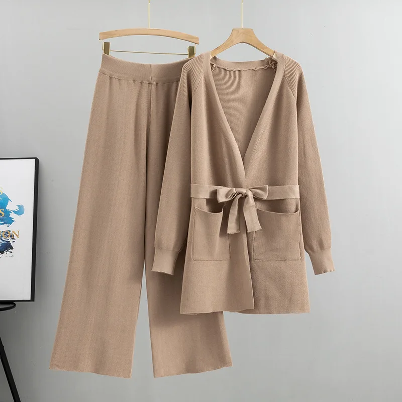 Damen-Set: Einfarbiger Strick-Cardigan mit Gürtel, Langarm, Weite Hose, Elegantes Business-Outfit, Schlankmachend, Bequem, Lässig, Zweiteiliges Set
