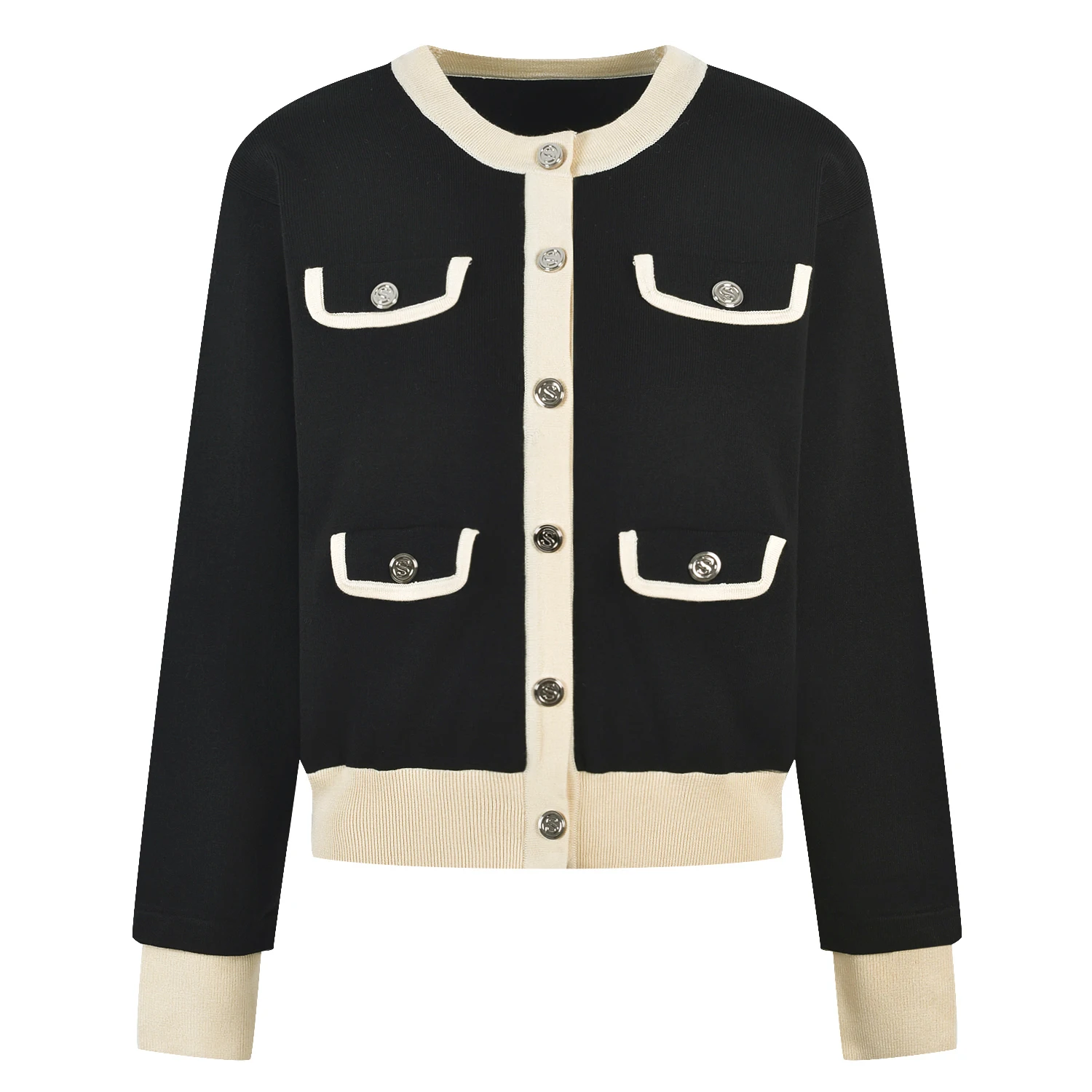 

Высококачественная версия French Sle ort round Ne Вязаный кардиган Bla White Color Blo Простой дизайн Женский модный топ