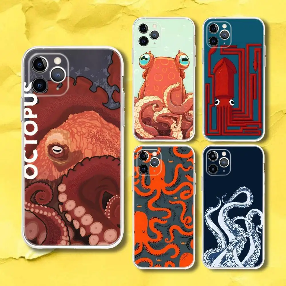 

O-Octopus Sea Animals Ocean Transparent Phone Case For iPhone 17,13,15,12,11,14,16 Pro Max Mini 7,8 Plus SE4,17E Air Fundas