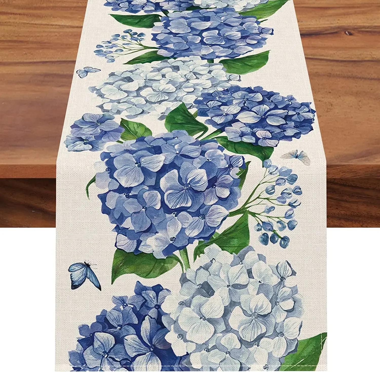 Blue Hydrangea Floral Linen Table Runners Seasonal Flowers Dresser Scarf Table Decor Holiday Wedding Party Kitchen Dining Decor