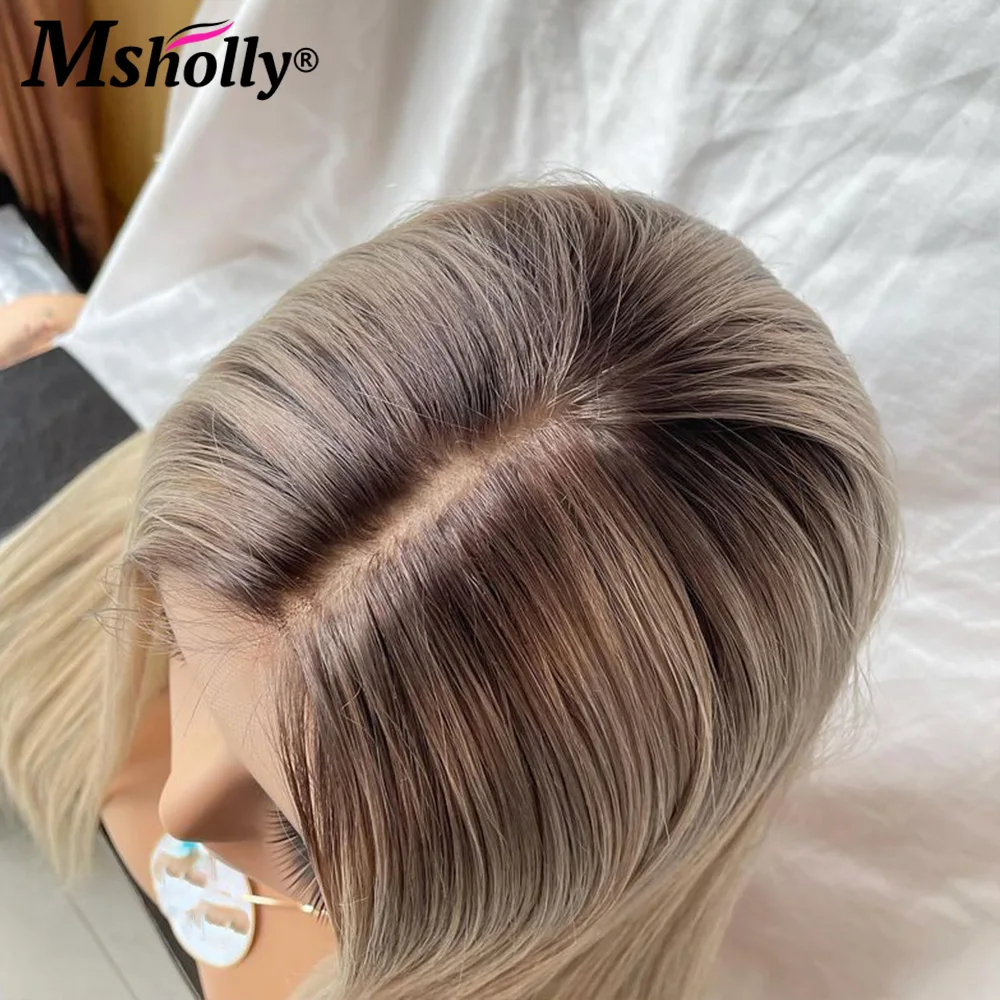 13X4 Wig Renda Depan untuk Wanita Pra Pencabutan Platinum Lurus Wig Rambut Manusia 30 Inci Akar Gelap Wig Renda Depan Transparan