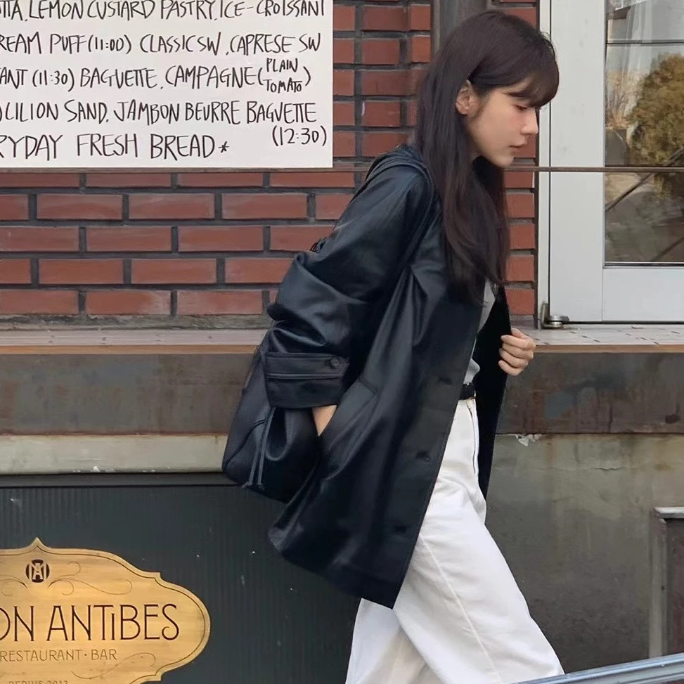 Allentato Bla PU Pelle Jaet Donna Primavera Autunno Faion Street Sle Design retrò Lungo Sve Cappotto da abito Capispalla casual