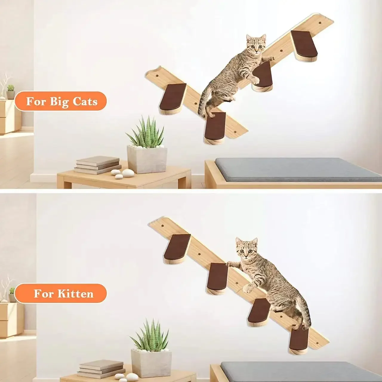 Solid Wood Cat Tree Wall Mounted Cat Climbing Frame with Nest Ladder and Bowl Rack Plush and Hemp Material Carton Packed