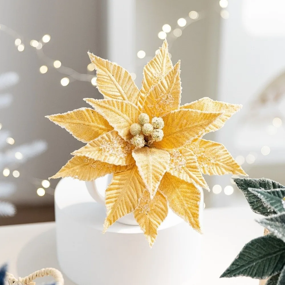 

Luxurious Faux Velvet Christmas Flower Elegant Handmade Simulated Flower with Ice Crystal Realistic Eternal Flower