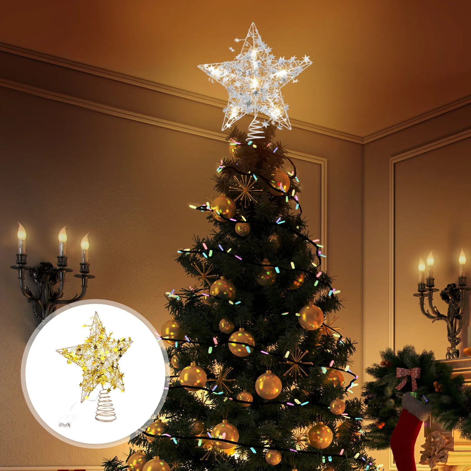 

1Pcs Luminous Five-Pointed Star Christmas Tree Topper Elegant Color Xmas Treetop Decor Home Party Festival Ornament Lighting