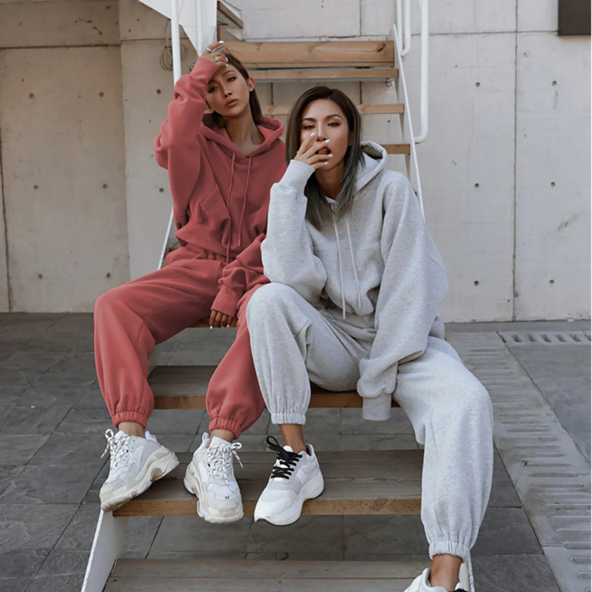 Women Tracksuit Two Pieces Set Hooded Solid Sweatshirts Long Pants Straight Pockets Elastic Waist Trousers Casual Sporty