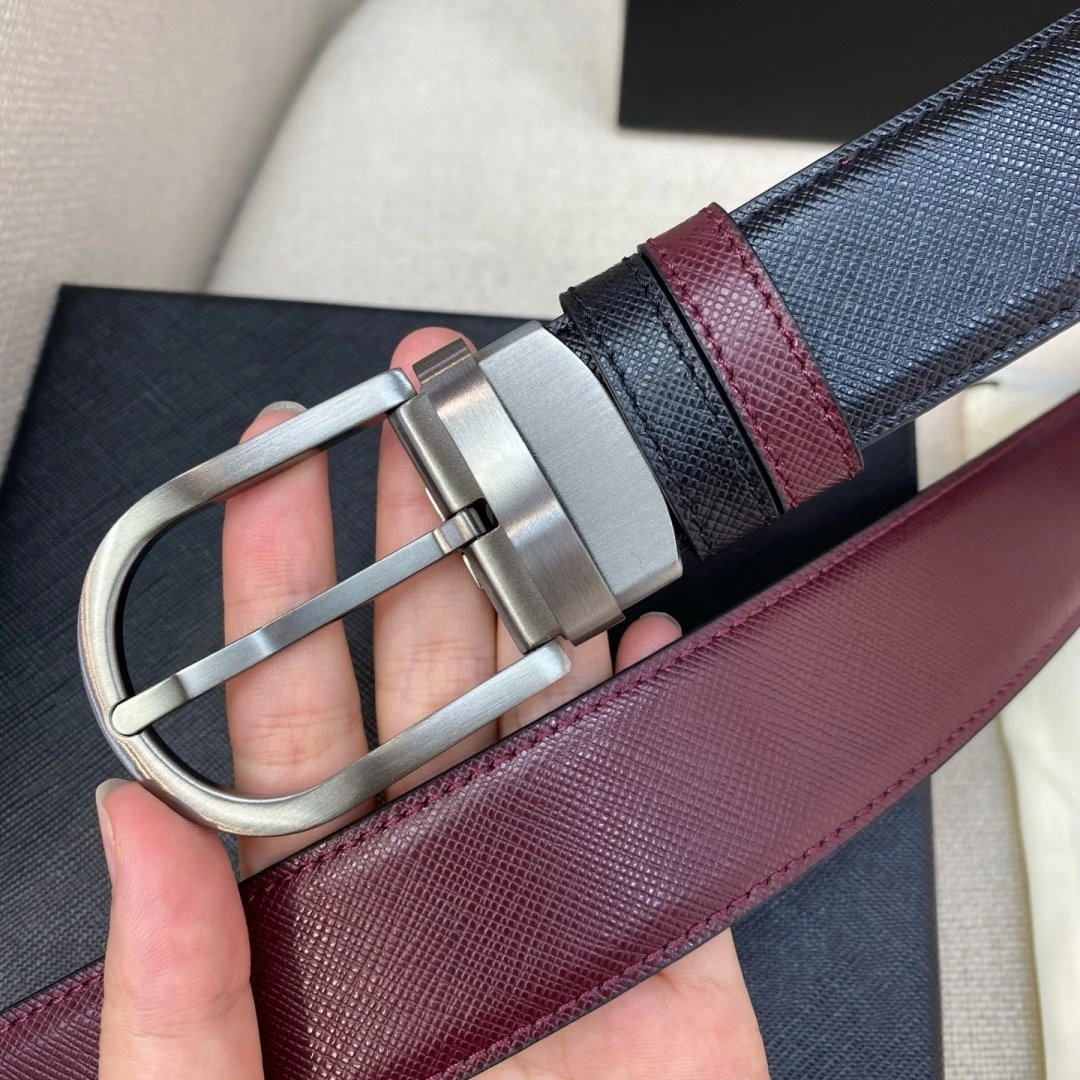 Luxury Brand Men's Reversible Cross‑Grain Belt Rotatable D‑Shape Pin Buckle Black Wine Red Two‑Sided Business Formal Waist Strap