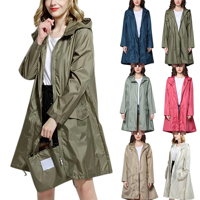 Women Raincoat Waterproof Rainwear Men Hooded Rain Coat Solid Color Portable Outdoor Zipper Long Poncho Rain Jacket Cover