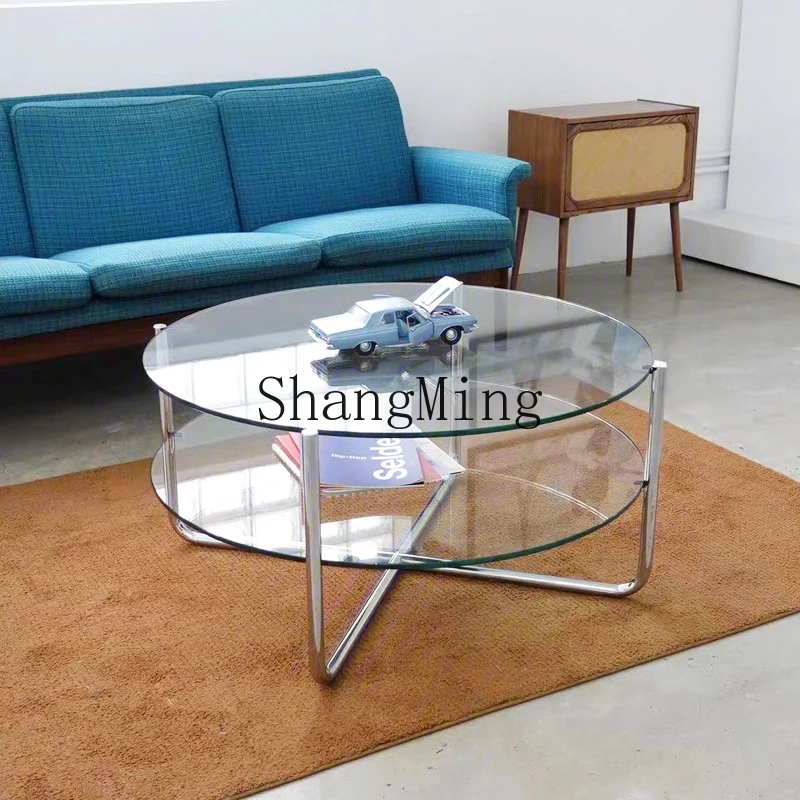 

CL coffee table round tempered glass small apartment stainless steel edge table