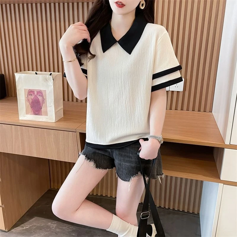 

Женская футболка с коротким рукавом в корейском стиле, летняя свободная футболка с воротником-поло, стильный дизайн с цветовыми блоками, универсальный укороченный топ для миниатюрных женщин