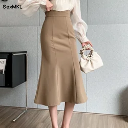Elegant Office Long Skirts Women 2026 Winter Korean Fashion High Waist Falda Sexy Mujer Slim Y2k Clothes Flared Black Midi Skirt