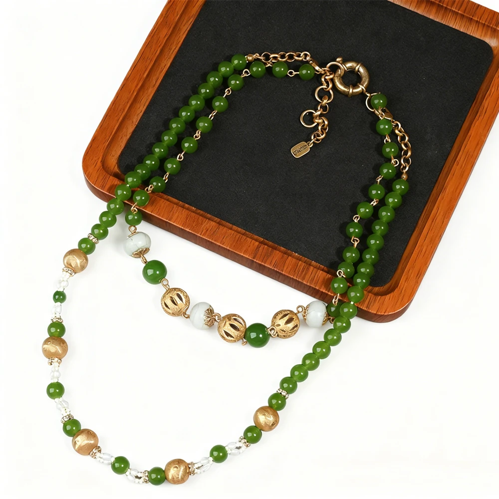 

Винтажное ожерелье из изумрудного халцедона с пресноводным жемчугом, двухслойное ожерелье для женщин, очаровательные зеленые бусины, длинный свитер-цепочка, колье