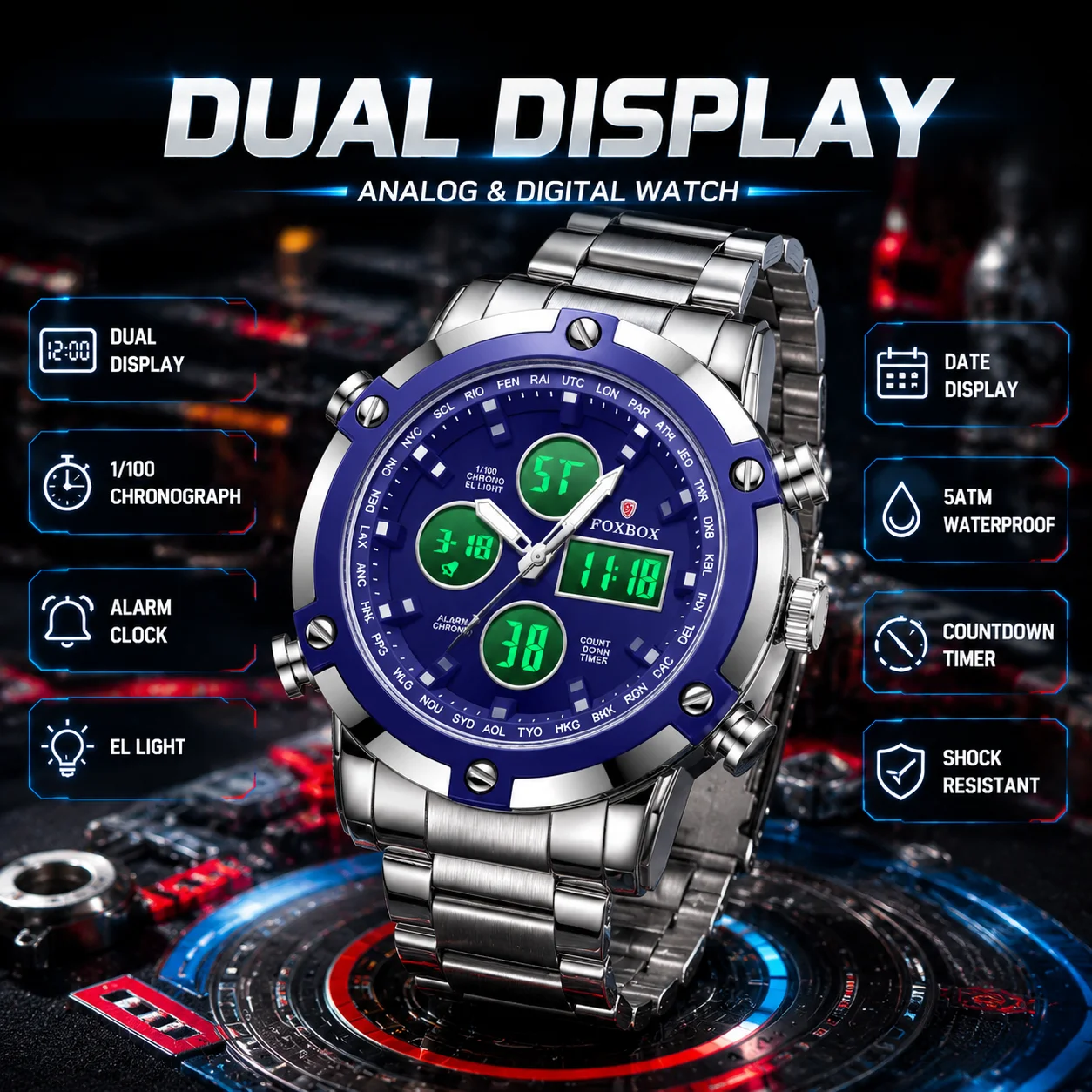FOXBOX New Mens Digital Watches Fashion LED Dual Display Quartz Wristwatches Sport Waterproof Steel Luxury Watch Men Relojs+Box