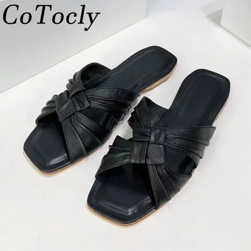 

2024 New Weave Flat Slippers Women Genuine Leather Pleated Mules Shoes Female Summer Peep Toe Slides Casual Comfy Slippers Woman