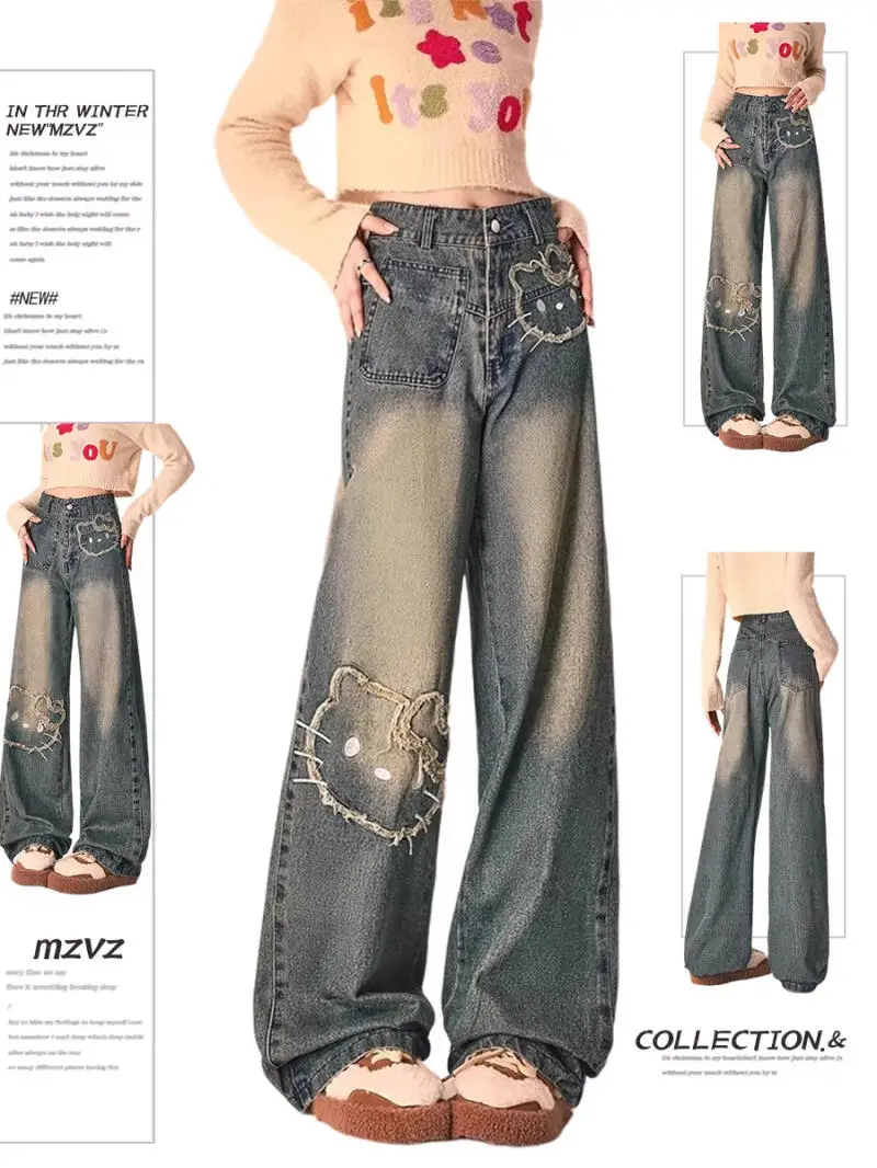 

Sanrio Hello Kitty women's pants jeans Denim Spring Autumn Retro Embroidered High Waist Wide Leg Loose Straight Casual Wear Cute