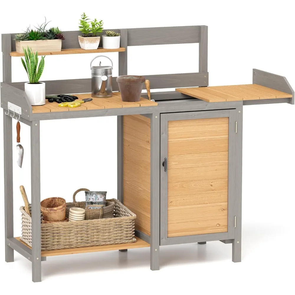 Wooden Potting Bench Table with Sink,Outdoor Garden Table Work Bench with Storage, Workstation for Outside Patio Lawn