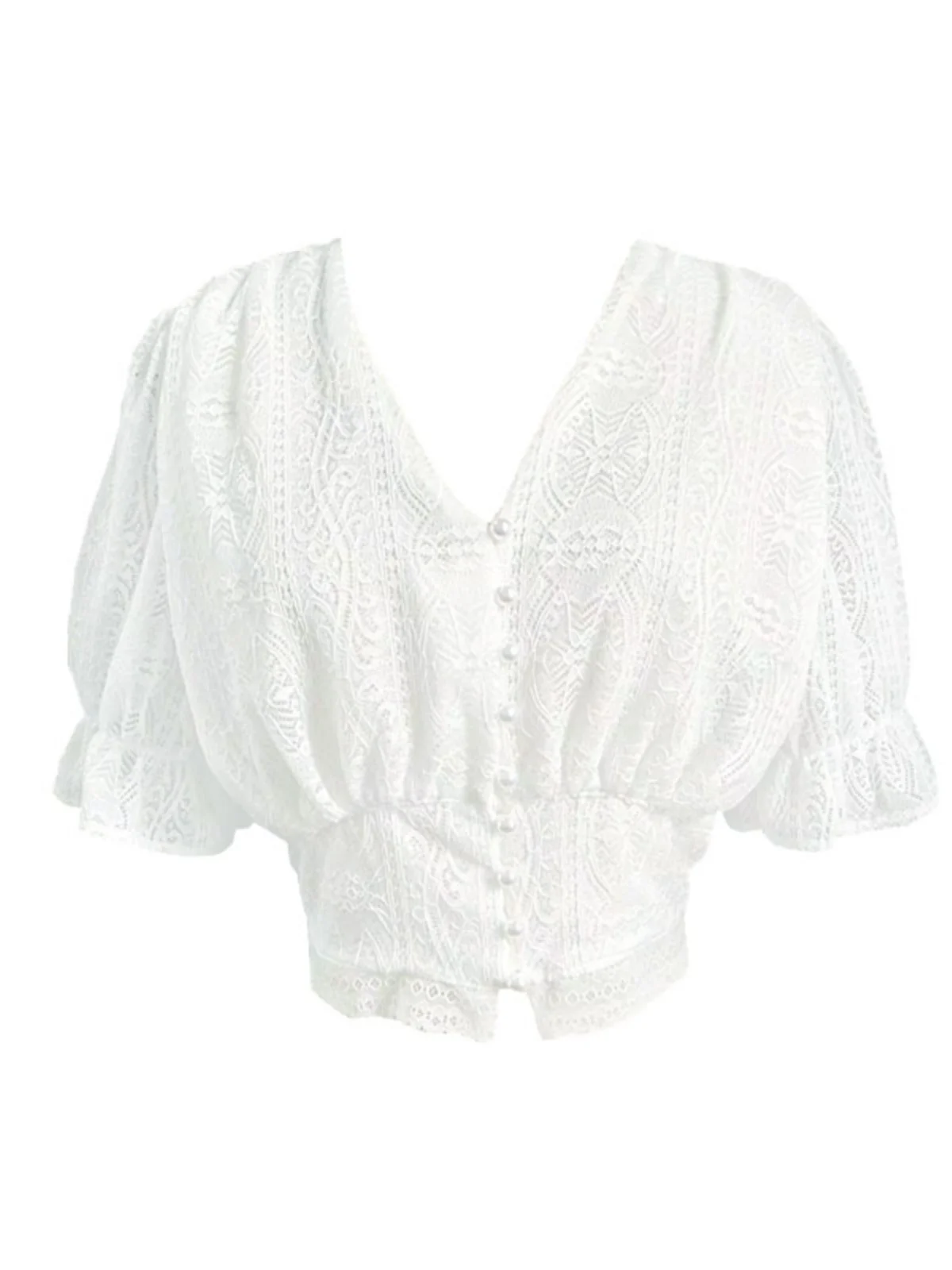 Retro Court Sle Bell Sve Lace irt Women's Ele V Ne Waist Cinched ort Length ort Sve Top Korean Sle Commute