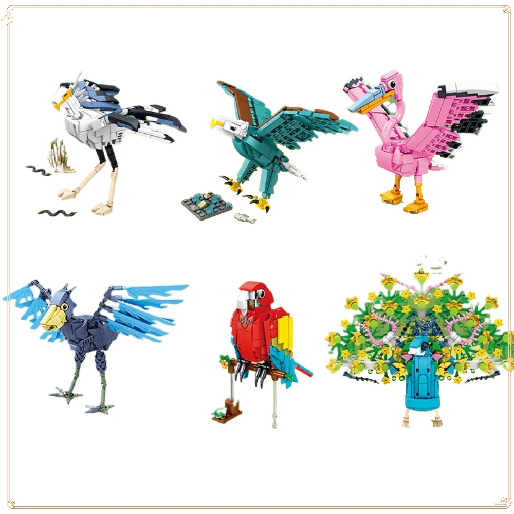 Bright Wings Action Snake Vulture Bald Eagle Pelican Peacock Bird Assembly Model Ornament Children's Building Block Toys Gift