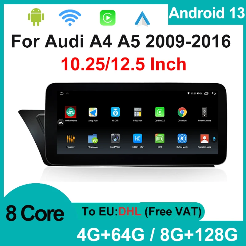 

8G+128G 10.25" / 12.5" Android 13 Car Radio For AUDI A4 A5 B8 2009 - 2016 Carplay Auto Multimedia Player GPS Navigation 4G Wifi