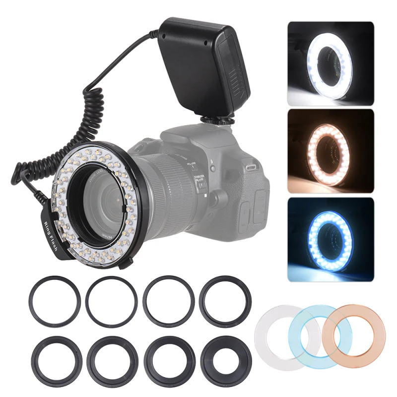 HD-130 Macro LED Ring Flash Light LCD Display 3000-15000K GN15 Power Control with 3 Flash Diffusers 8 Adapter Rings for Cameras