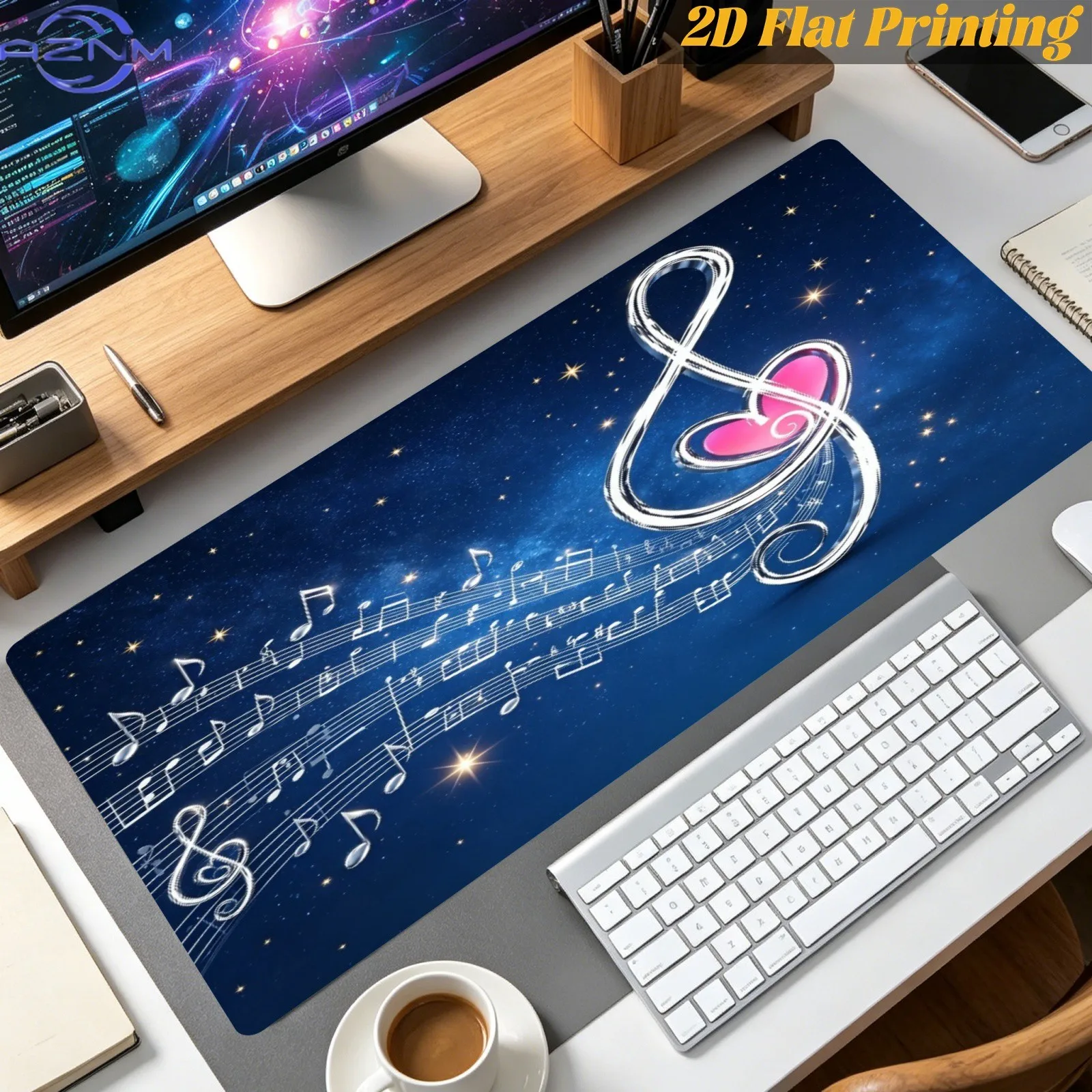 1pc 2D Printed Starry Sky Heart Treble Clef Musical Note Mouse Pad, Desk Mat for Home Office Work Study Desktop Decor, Great Hol