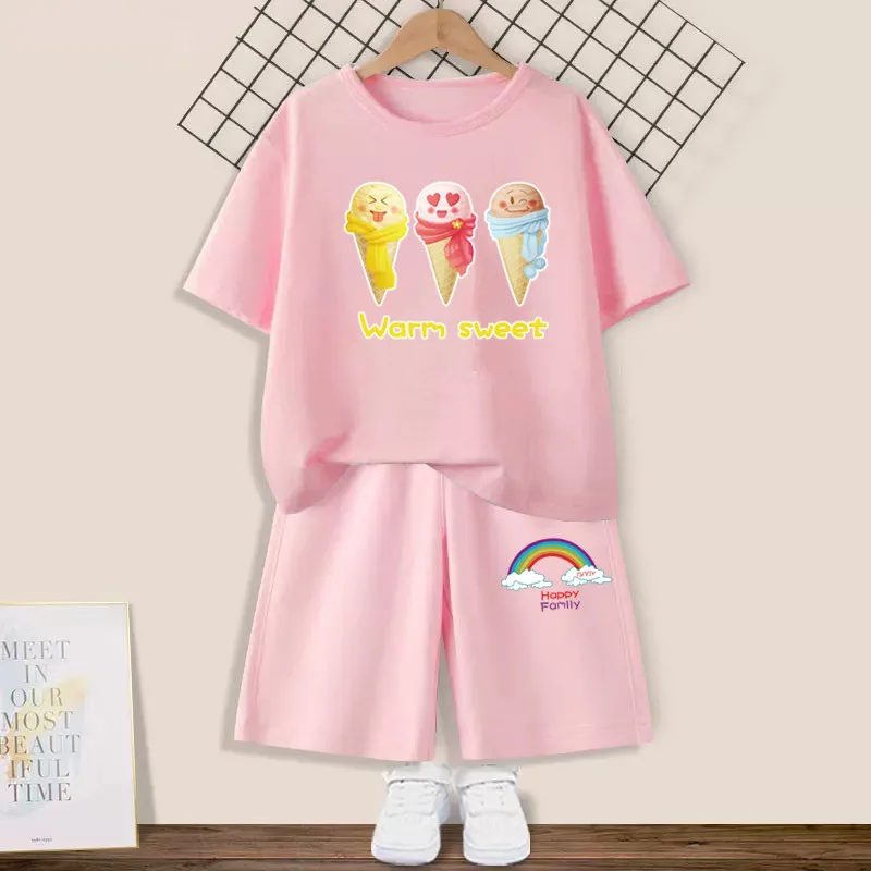 Summer Kids Girls Clothes Set Teen Girl Peach Juice T-shirt + shorts 2pcs Girl Outfits Kids Kawaii Clothing  3-14years