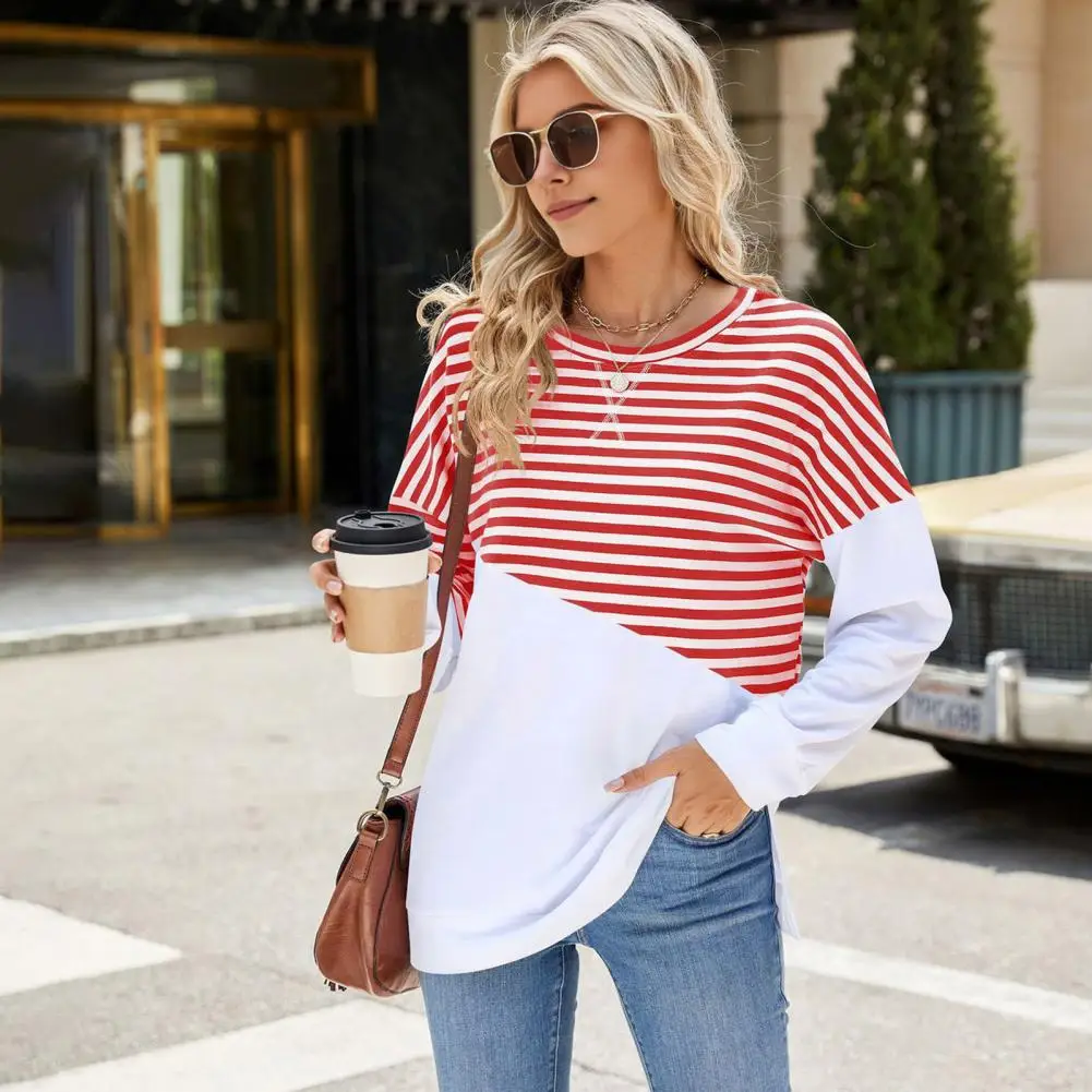 

Long Sleeve Top Striped Print Loose O Neck Pullover for Women Commuting T-shirt with Long Sleeves Split Hem Spring Fall Fashion