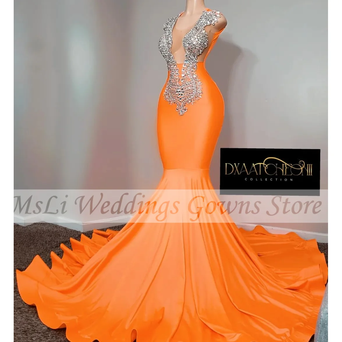 Orange Sparkly Meerjungfrau Prom Kleider Für Schwarz Mädchen Satin Perlen Pailletten Elegante Graduation Party Abendkleid Vestidos