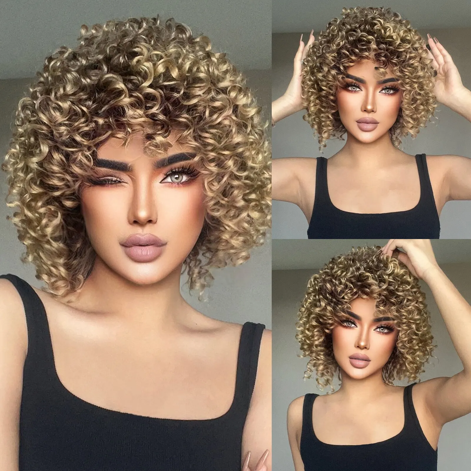 Brązowe blond kręcone włosy peruki syntetyczne dla kobiet krótkie krótkie perwersyjne kręcone włosy peruki Afro bezklejowe włosy Cosplay