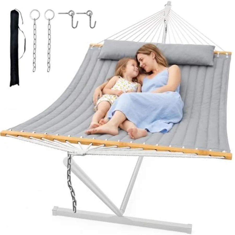 Double Quilted Outdoor Hammock for 2 Adults Dark Gray 500lb Capacity Backyard Camping Hammock with Pillow and Bamboo Spreader B