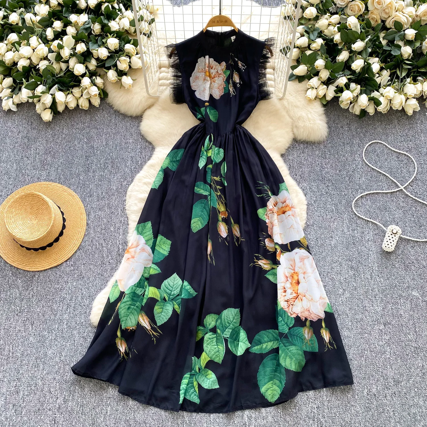 

Long Dress Women Dresses Print Floral Vestidos Sleeveless Round Neck Elegant Splice Y2k Streetwear Work Party Night Summer
